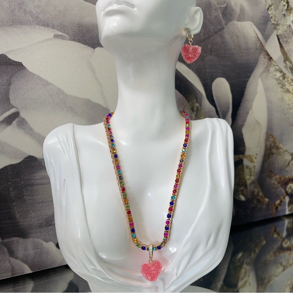 ROCK CANDY SUGAR Heart Pendant Tennis Necklace and Earring Set - Red